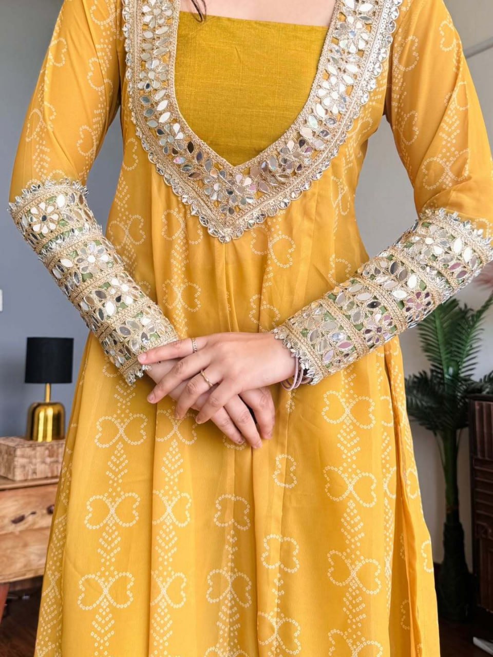 Mustard Yellow and Green Faux Georgette Premium Kurti Set For Women