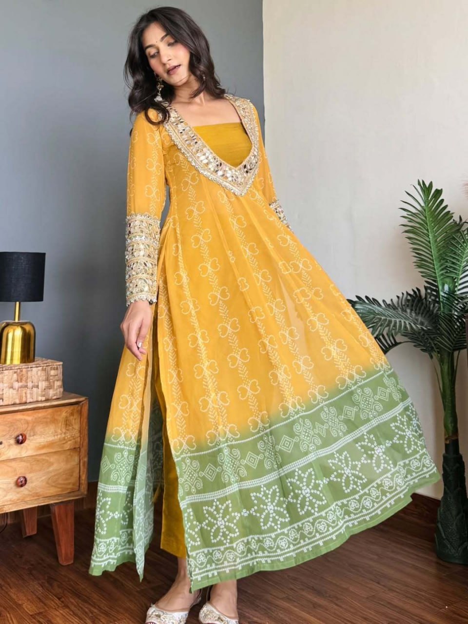 Mustard Yellow and Green Faux Georgette Premium Kurti Set For Women