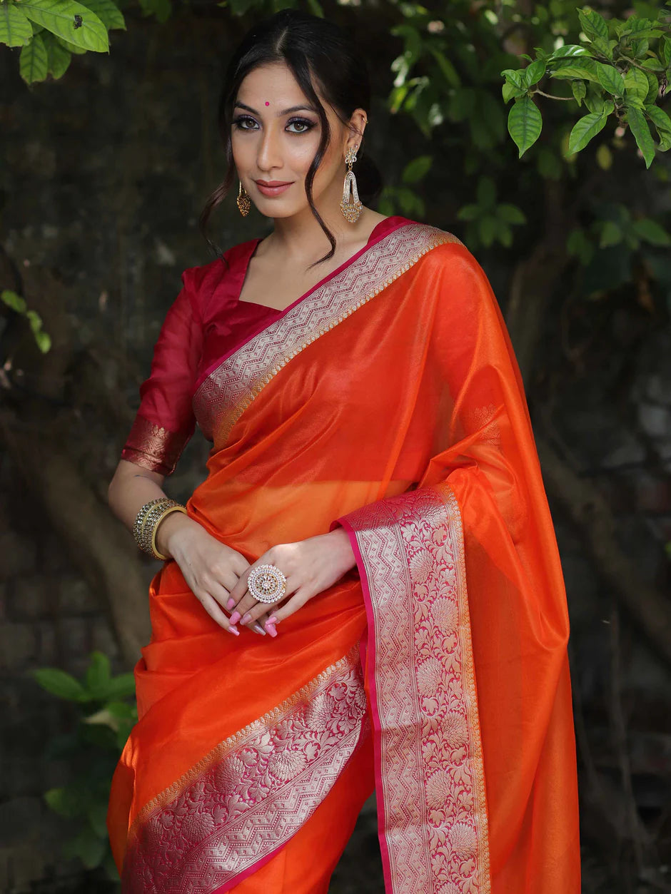 Orange Premium Kanjivaram Organza Silk Saree with Rich Antique Gold Zari Border | Wedding & Festive Wear