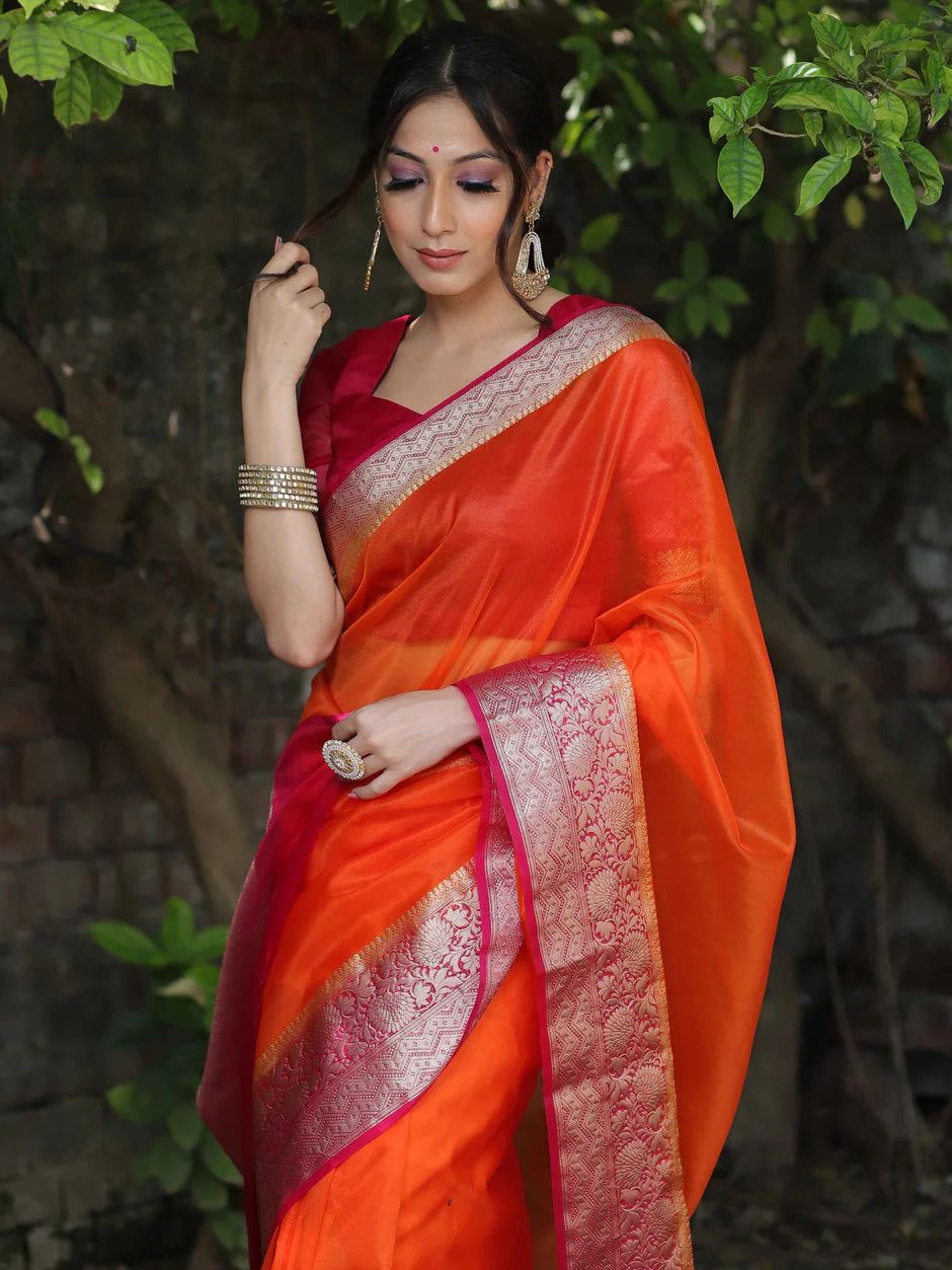 Orange Premium Kanjivaram Organza Silk Saree with Rich Antique Gold Zari Border | Wedding & Festive Wear