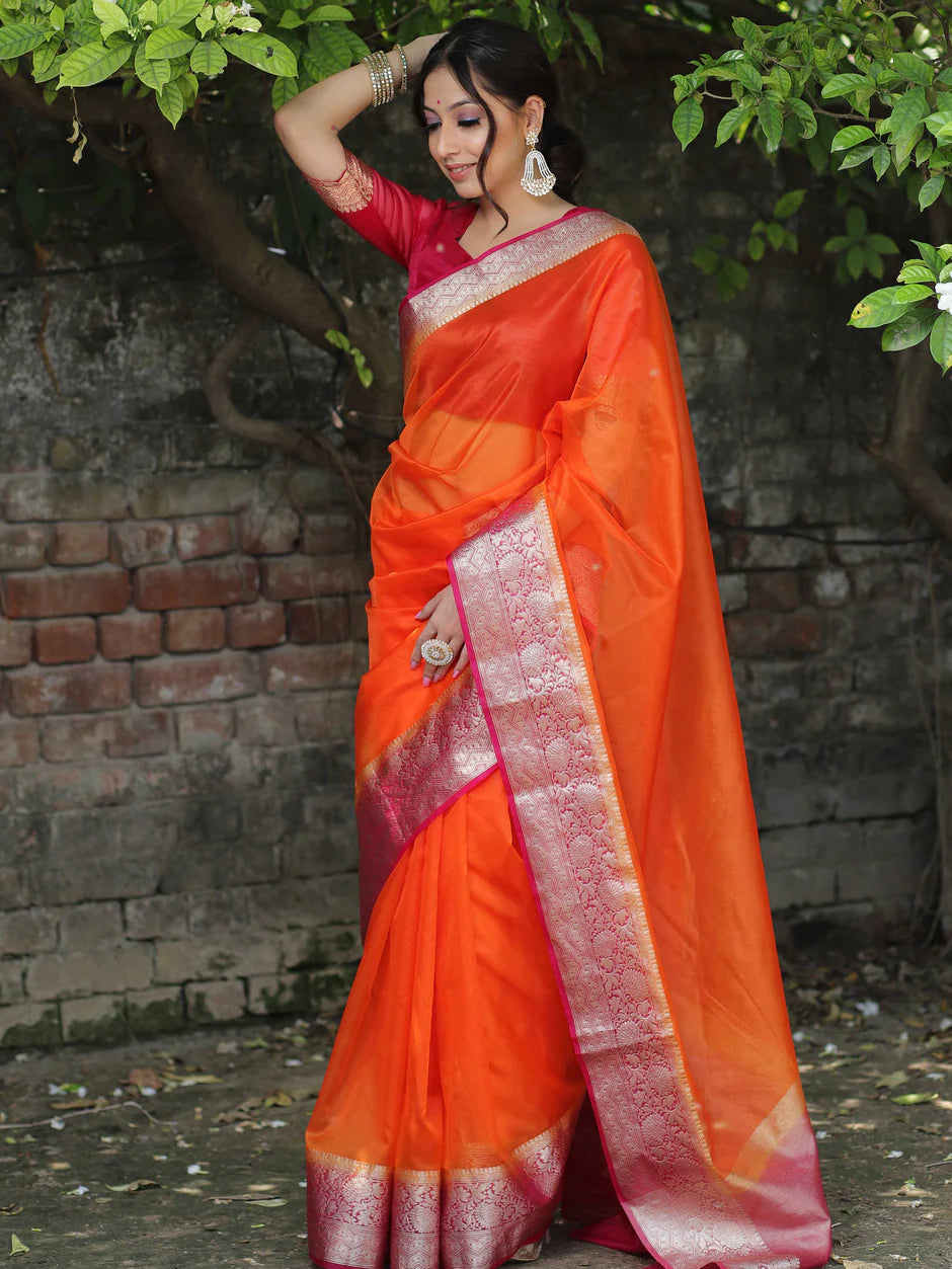 Orange Premium Kanjivaram Organza Silk Saree with Rich Antique Gold Zari Border | Wedding & Festive Wear
