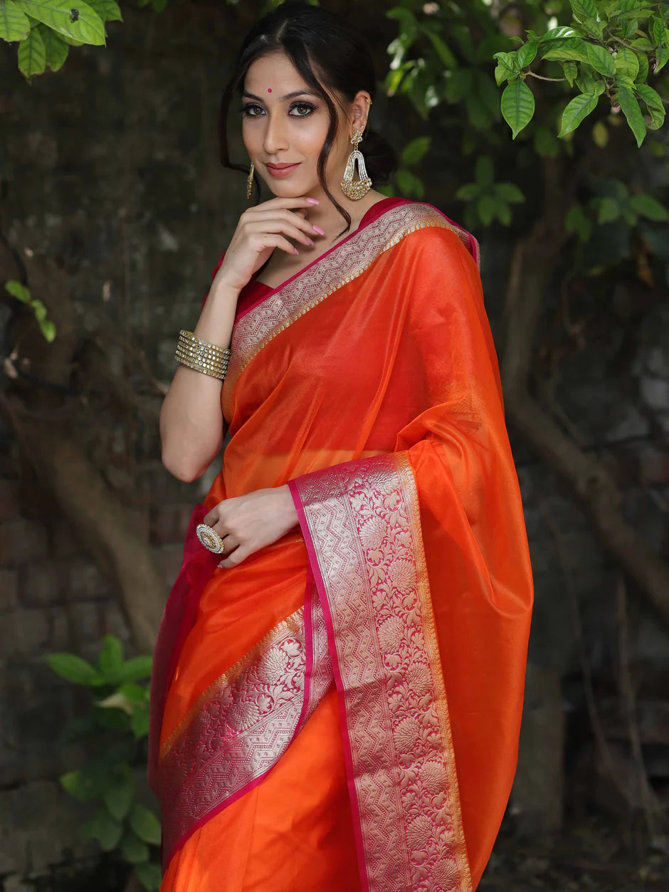 Orange Premium Kanjivaram Organza Silk Saree with Rich Antique Gold Zari Border | Wedding & Festive Wear