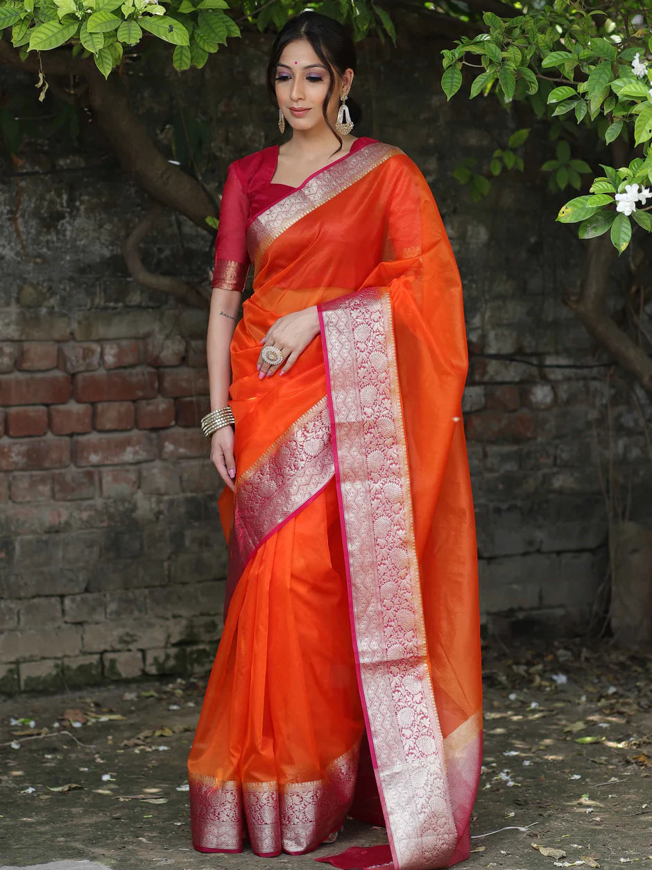 Orange Premium Kanjivaram Organza Silk Saree with Rich Antique Gold Zari Border | Wedding & Festive Wear