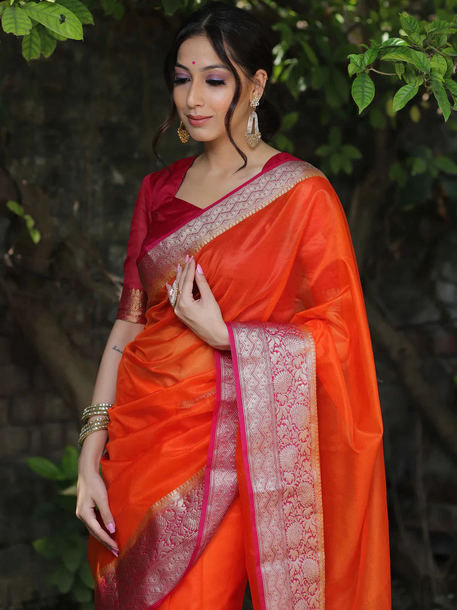 Orange Premium Kanjivaram Organza Silk Saree with Rich Antique Gold Zari Border | Wedding & Festive Wear