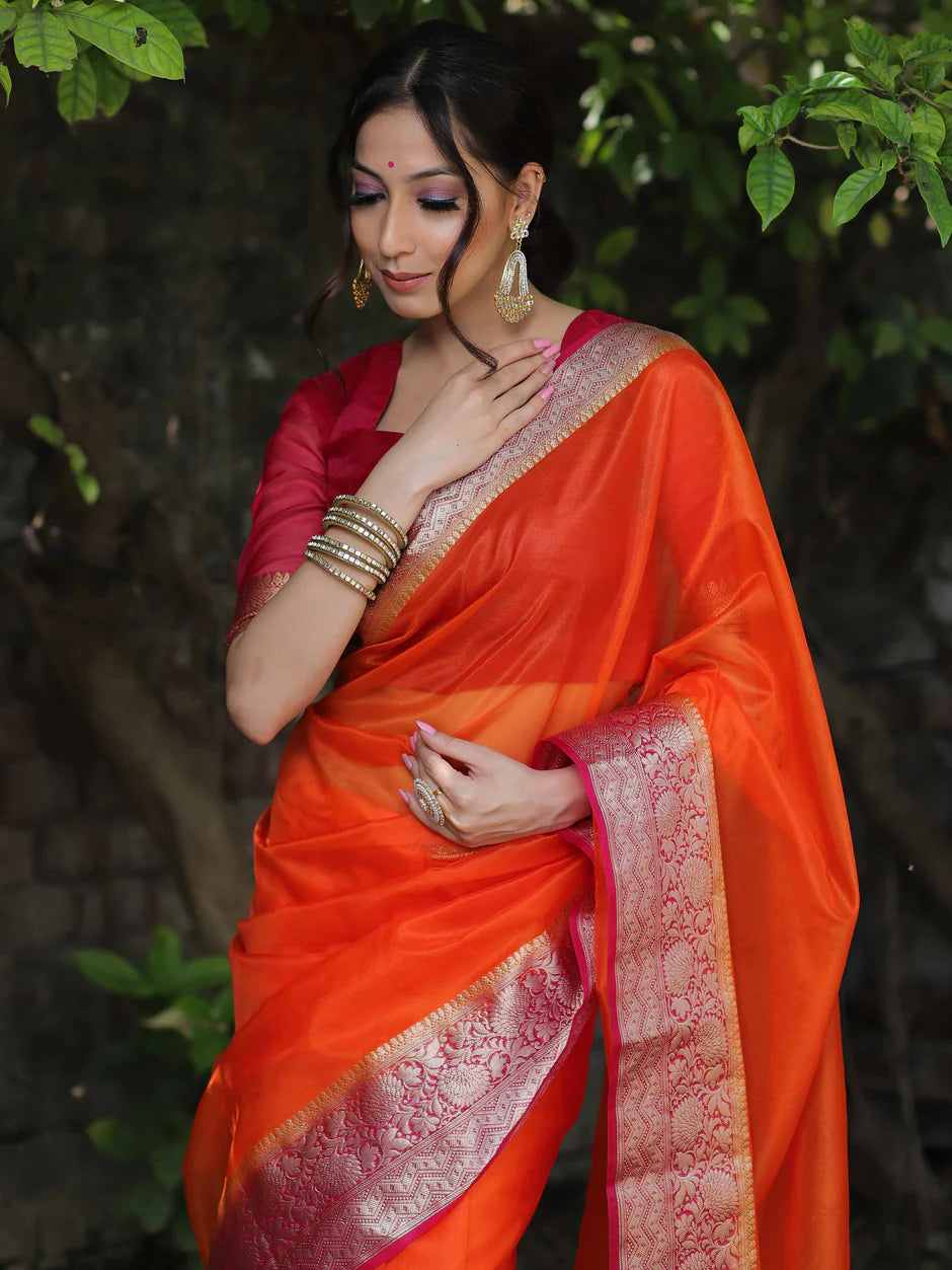 Orange Premium Kanjivaram Organza Silk Saree with Rich Antique Gold Zari Border | Wedding & Festive Wear