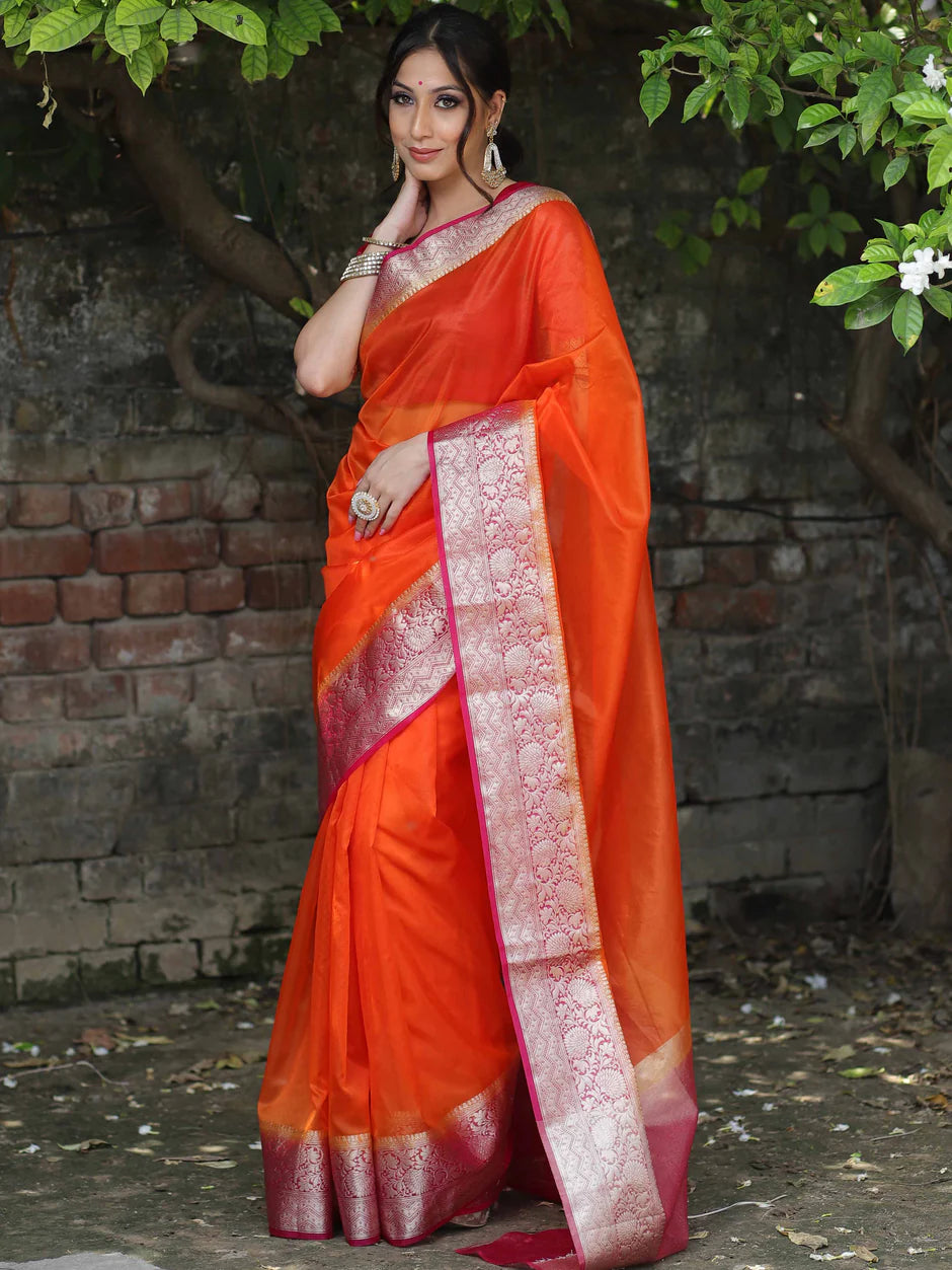 Orange Premium Kanjivaram Organza Silk Saree with Rich Antique Gold Zari Border | Wedding & Festive Wear