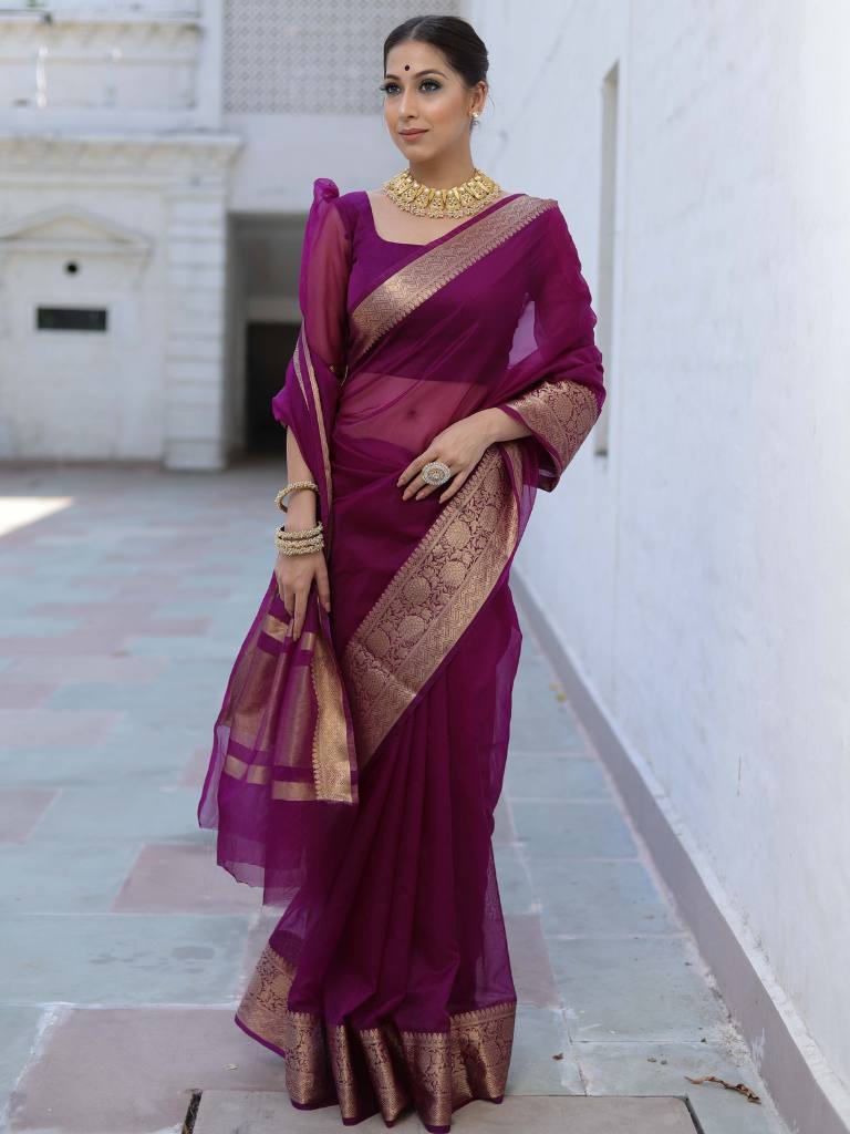 Premium Royal Wine Kanjivaram Organza Saree with Rich Woven Zari Border & Running Blouse Piece