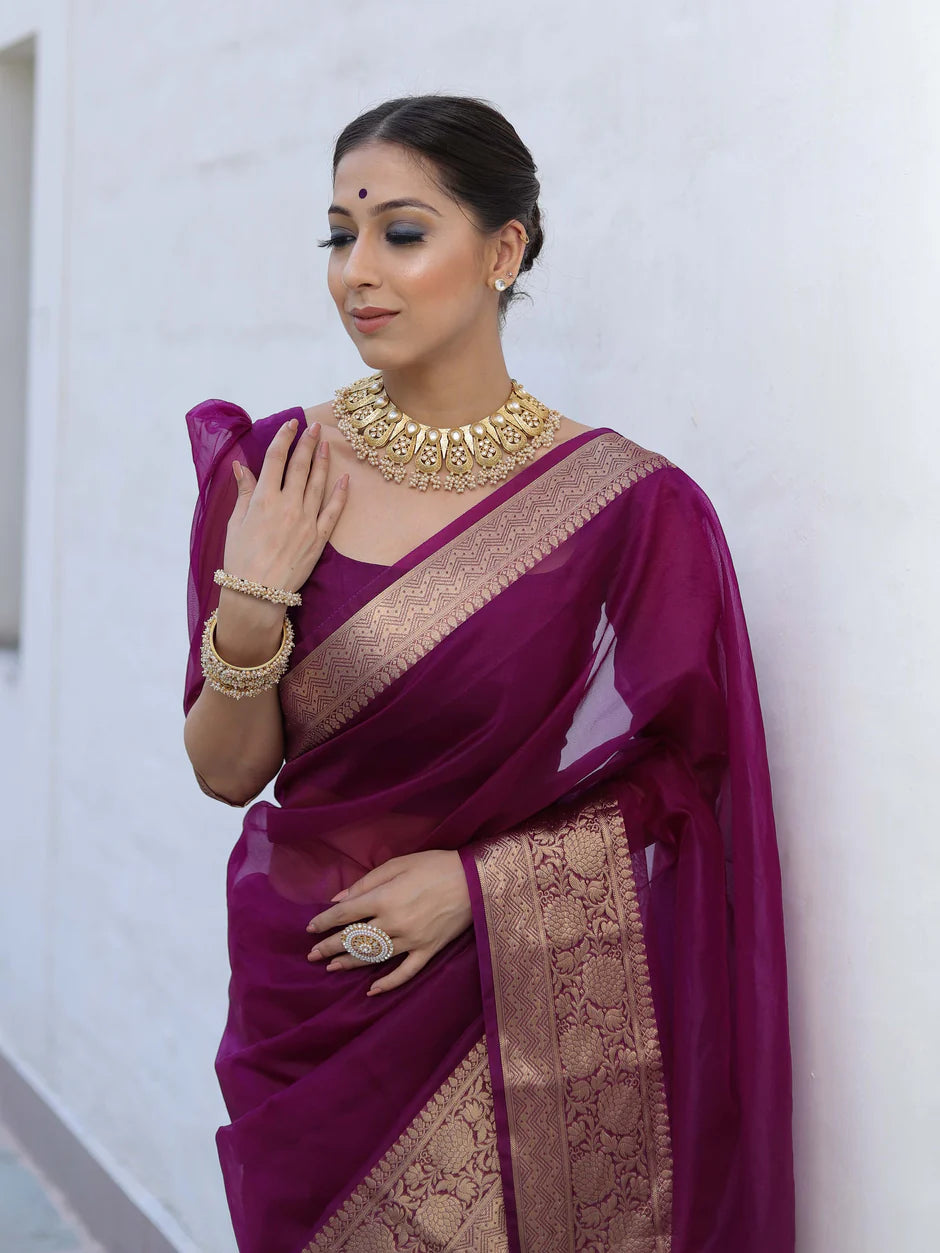 Premium Royal Wine Kanjivaram Organza Saree with Rich Woven Zari Border & Running Blouse Piece