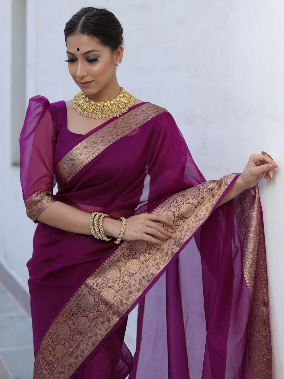 Premium Royal Wine Kanjivaram Organza Saree with Rich Woven Zari Border & Running Blouse Piece