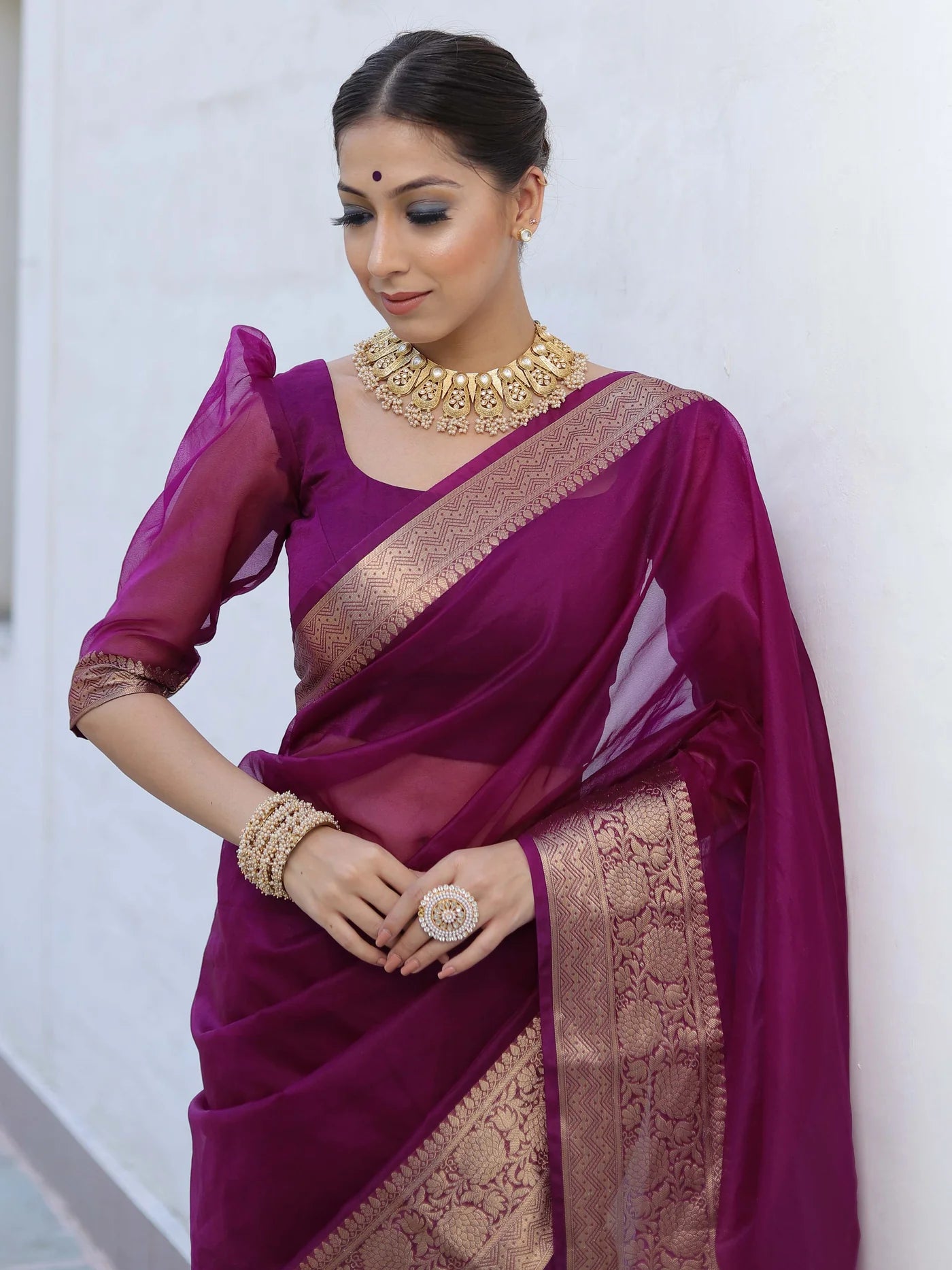 Premium Royal Wine Kanjivaram Organza Saree with Rich Woven Zari Border & Running Blouse Piece