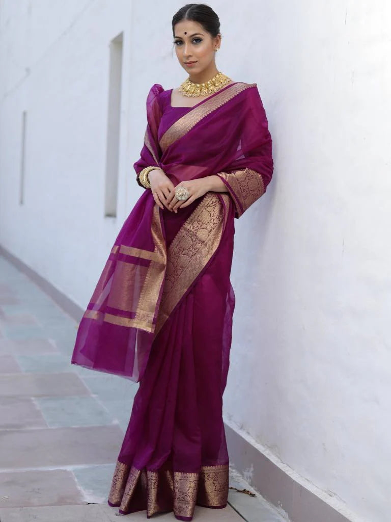 Premium Royal Wine Kanjivaram Organza Saree with Rich Woven Zari Border & Running Blouse Piece