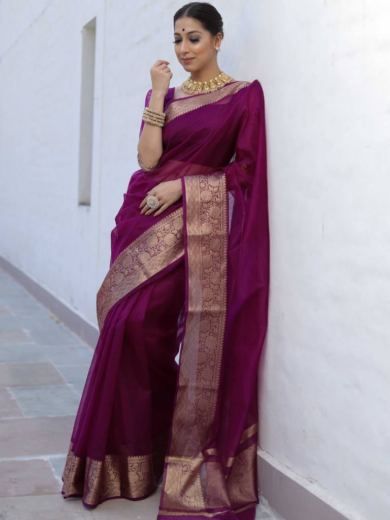 Premium Royal Wine Kanjivaram Organza Saree with Rich Woven Zari Border & Running Blouse Piece