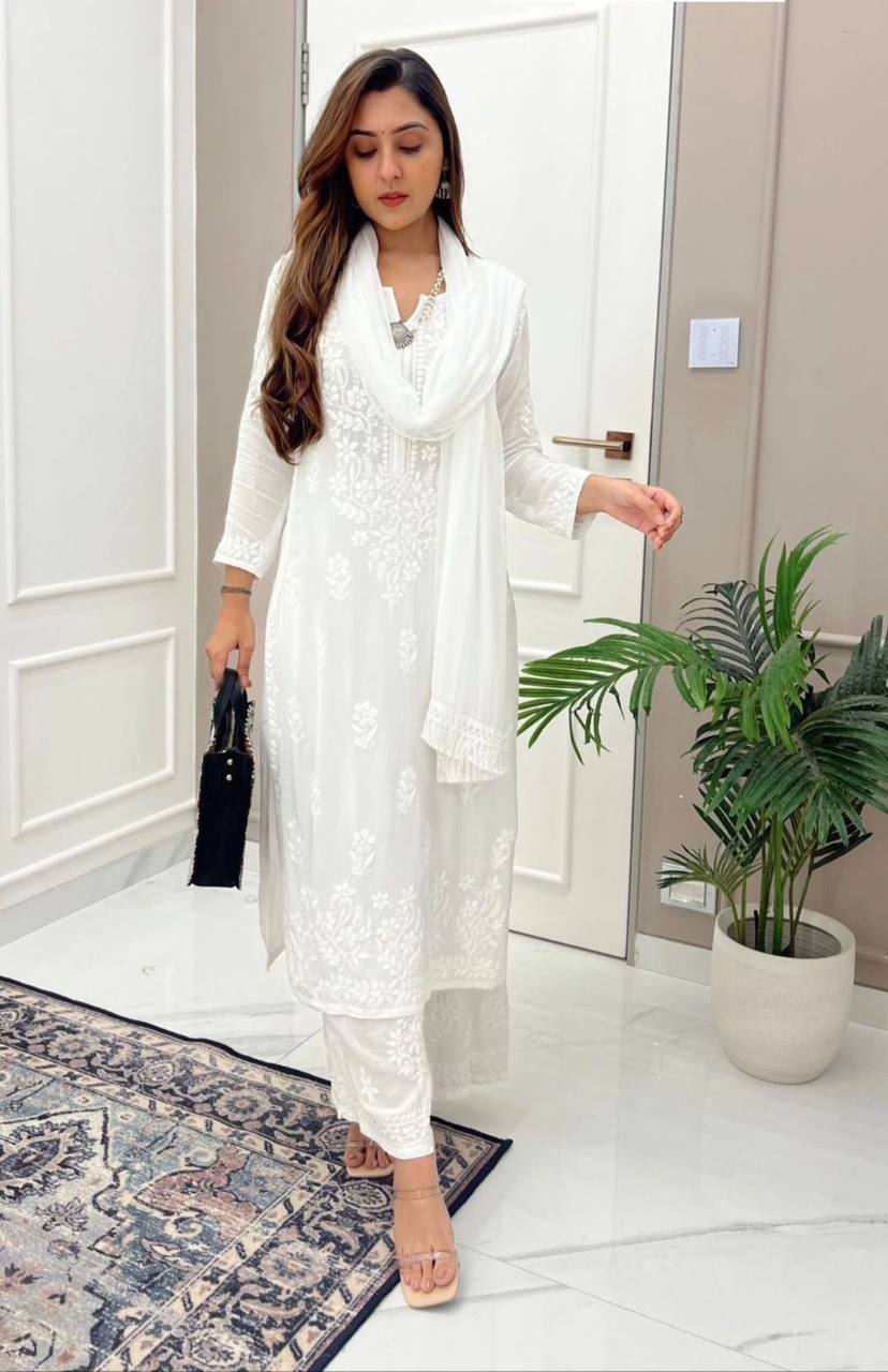 White Muslin Premium Kurti Set For Women