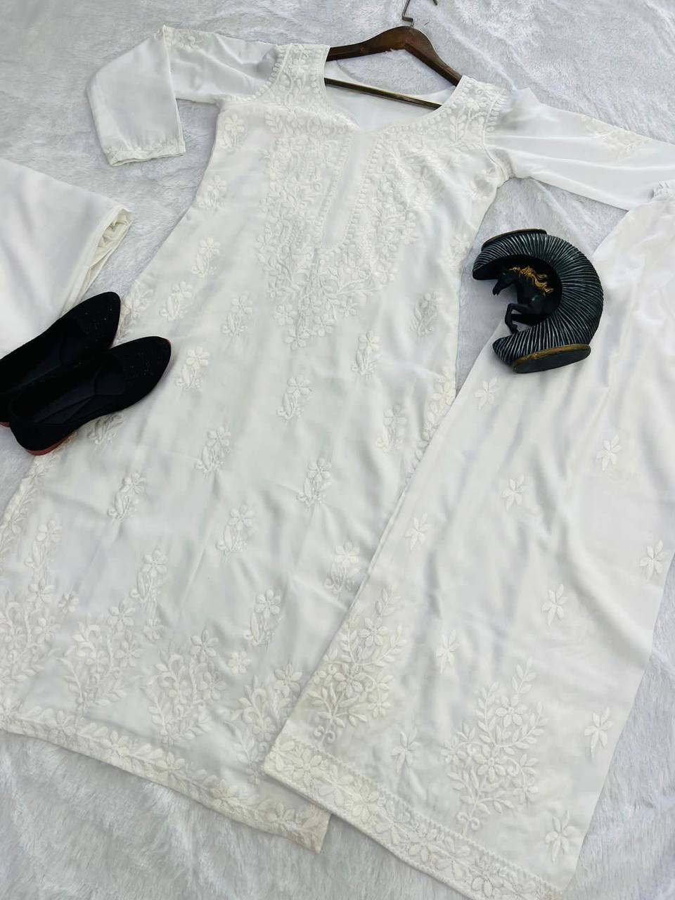 White Muslin Premium Kurti Set For Women