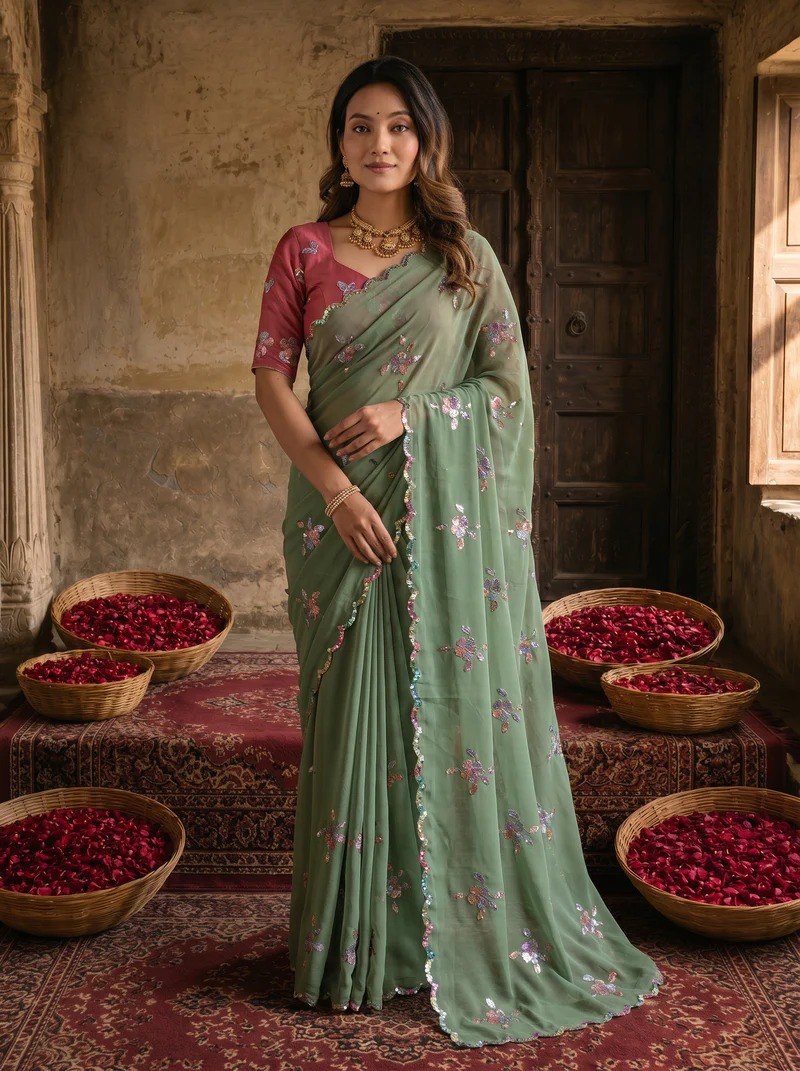 Sage Green Embroidered Georgette Saree with Designer Pink Blouse | Wedding & Festive Wear