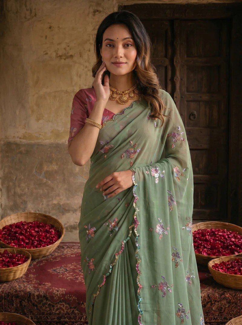 Sage Green Embroidered Georgette Saree with Designer Pink Blouse | Wedding & Festive Wear