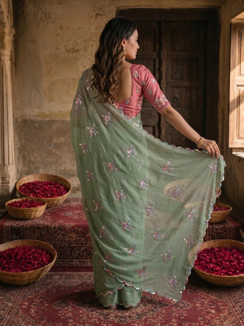 Sage Green Embroidered Georgette Saree with Designer Pink Blouse | Wedding & Festive Wear