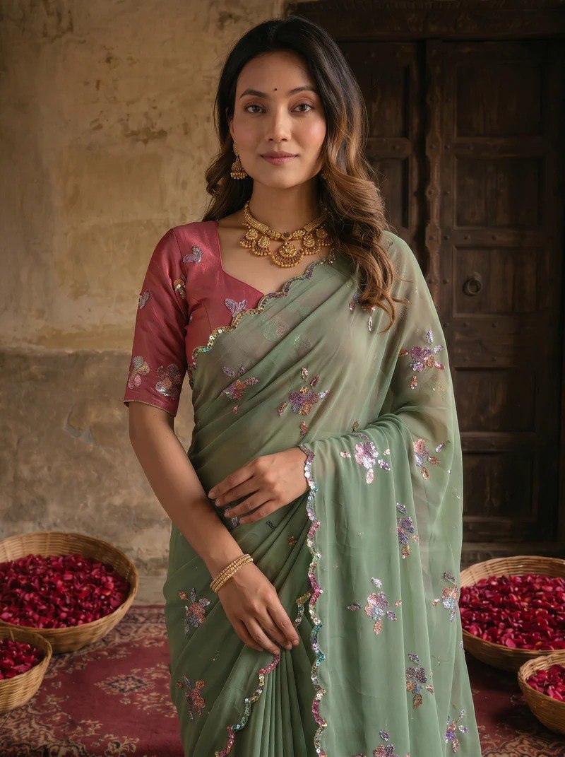 Sage Green Embroidered Georgette Saree with Designer Pink Blouse | Wedding & Festive Wear