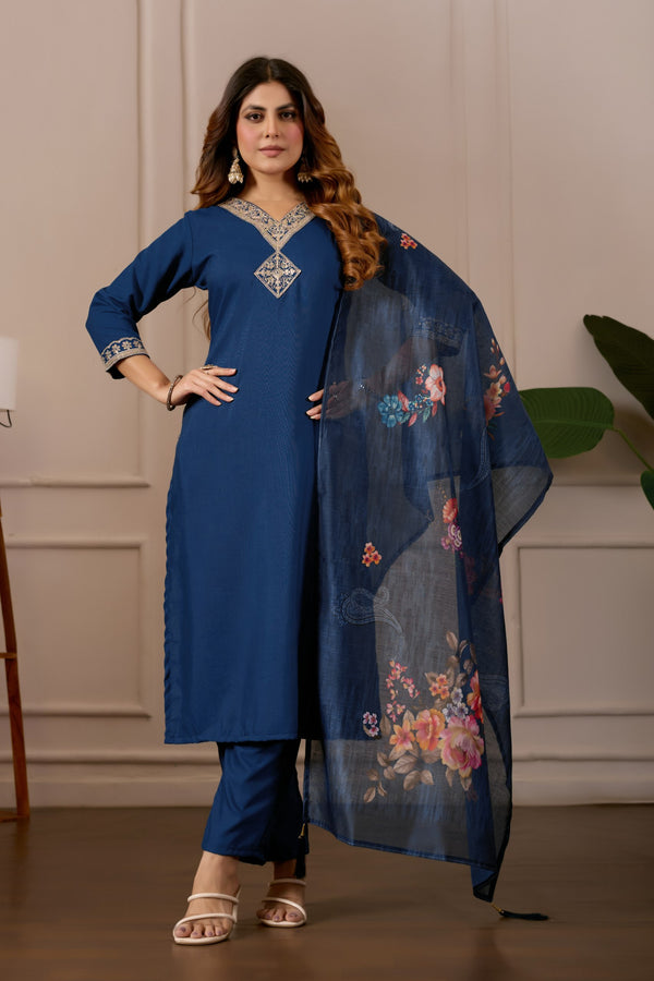 Blue Pure Cotton Premium  Kurti   Dupatta Set For Women