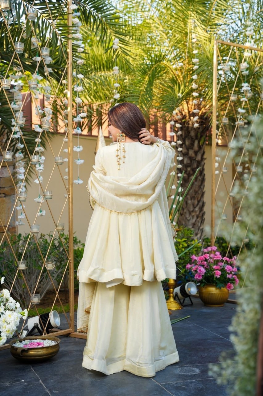Women's Silk Anarkali Kurta Sharara Set with Dupatta I Festive & Wedding Wear | Cream Solid V-Neck Long Sleeve Ethnic Suit with Lace Mirror & Embroidery Work