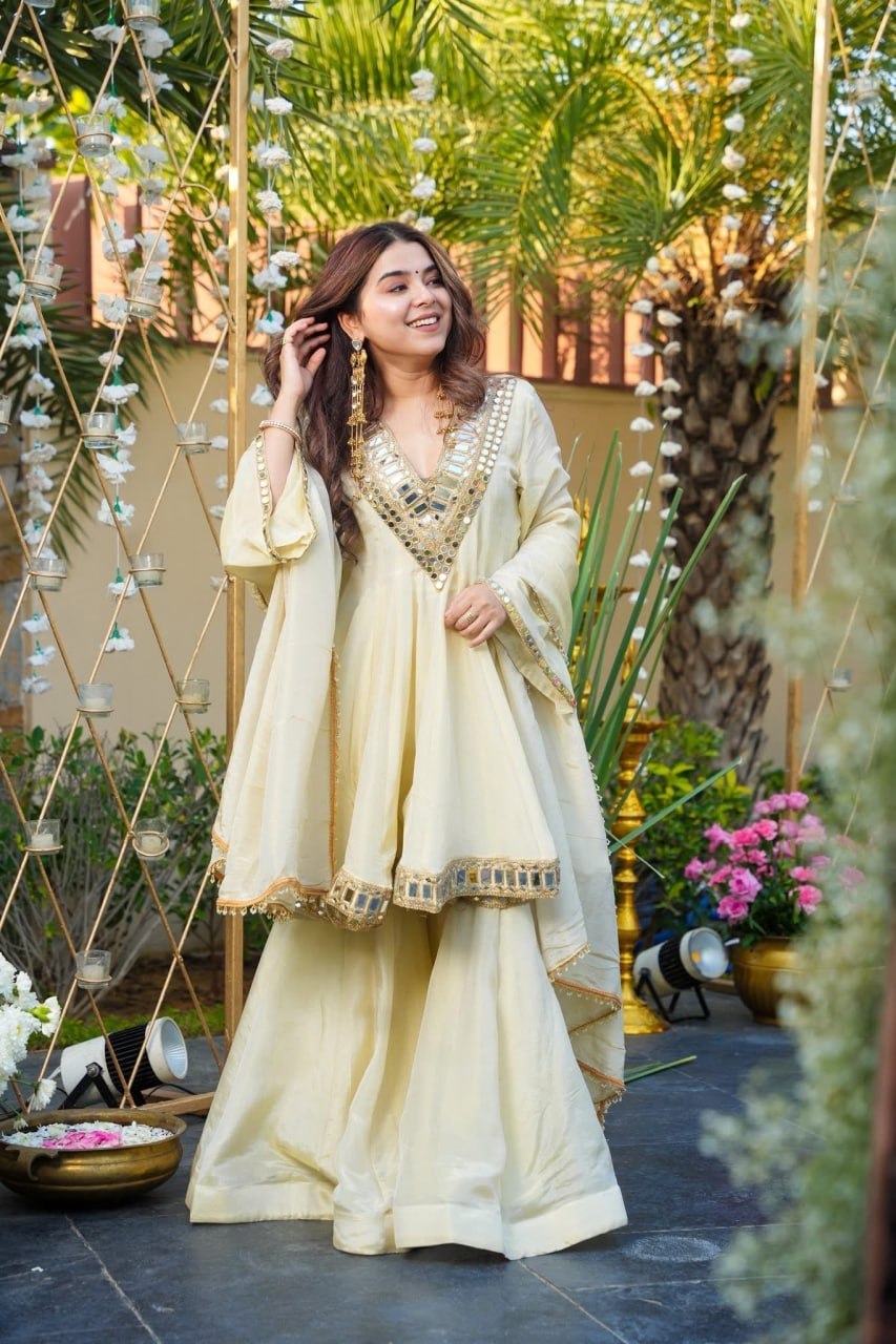 Women's Silk Anarkali Kurta Sharara Set with Dupatta I Festive & Wedding Wear | Cream Solid V-Neck Long Sleeve Ethnic Suit with Lace Mirror & Embroidery Work