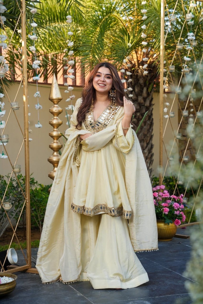 Women's Silk Anarkali Kurta Sharara Set with Dupatta I Festive & Wedding Wear | Cream Solid V-Neck Long Sleeve Ethnic Suit with Lace Mirror & Embroidery Work