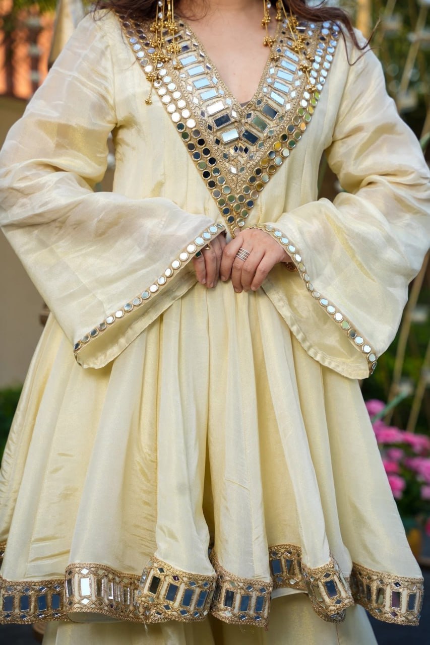 Women's Silk Anarkali Kurta Sharara Set with Dupatta I Festive & Wedding Wear | Cream Solid V-Neck Long Sleeve Ethnic Suit with Lace Mirror & Embroidery Work