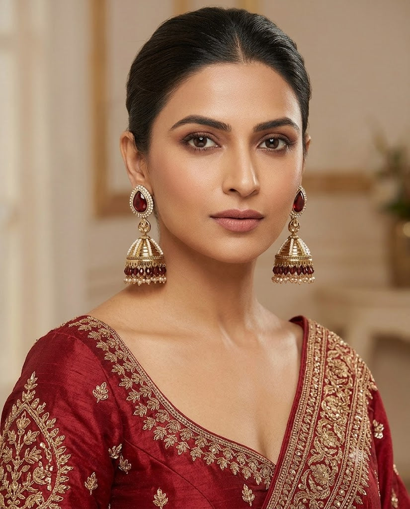 Kundan Pearl Drop Matt Finish Festive Ethnic Jhumki (Round To Stud)