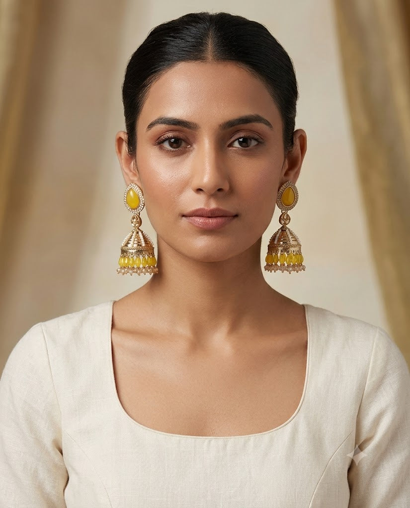 Kundan Pearl Drop Matt Finish Festive Ethnic Jhumki (Round To Stud)