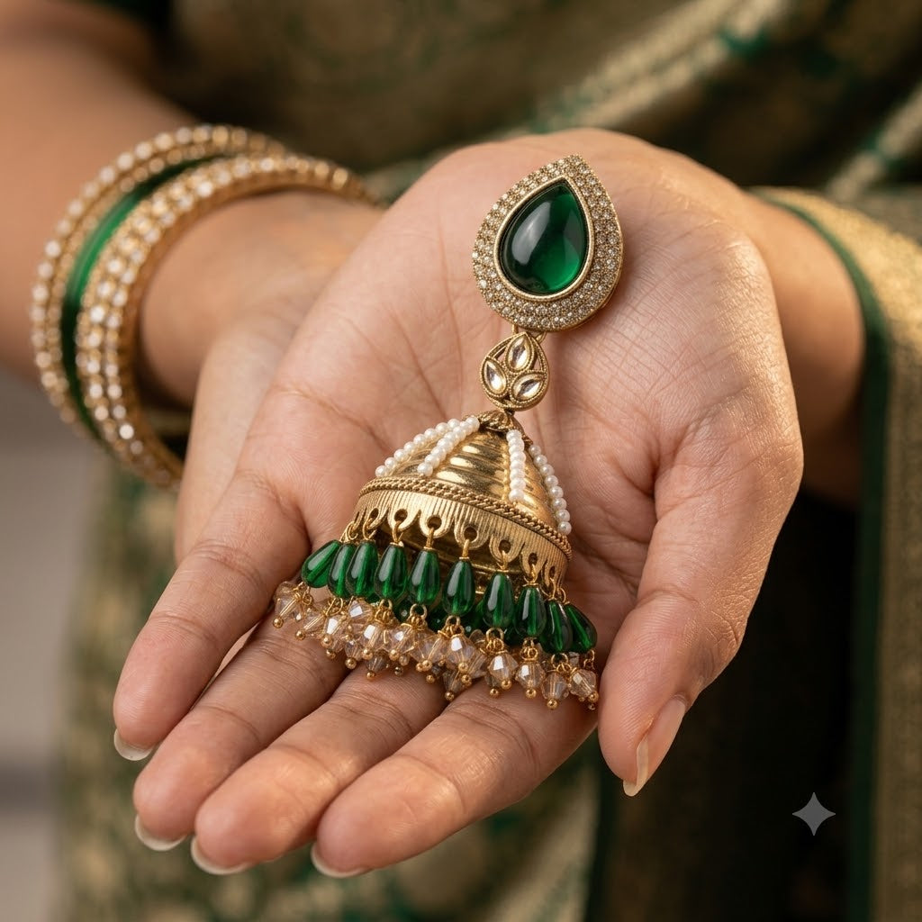 Kundan Pearl Drop Matt Finish Festive Ethnic Jhumki (Round To Stud)