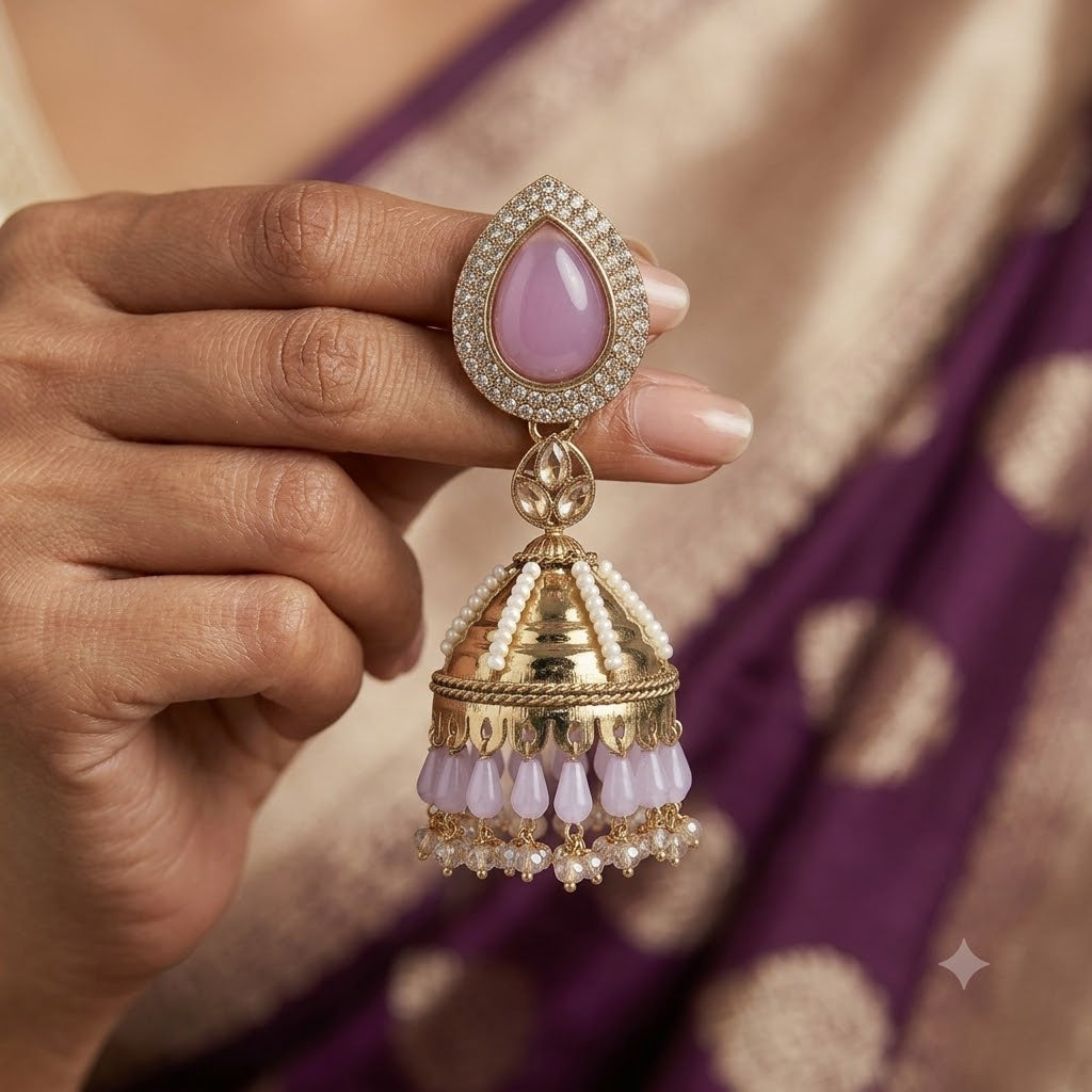 Kundan Pearl Drop Matt Finish Festive Ethnic Jhumki (Round To Stud)