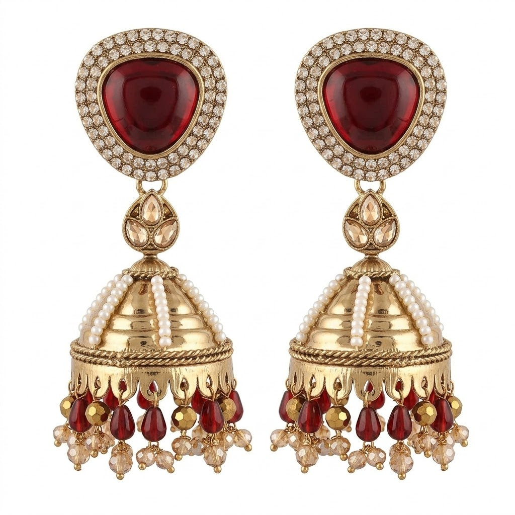Kundan Pearl Drop Matt Finish Festive Ethnic Jhumki (Round To Stud)