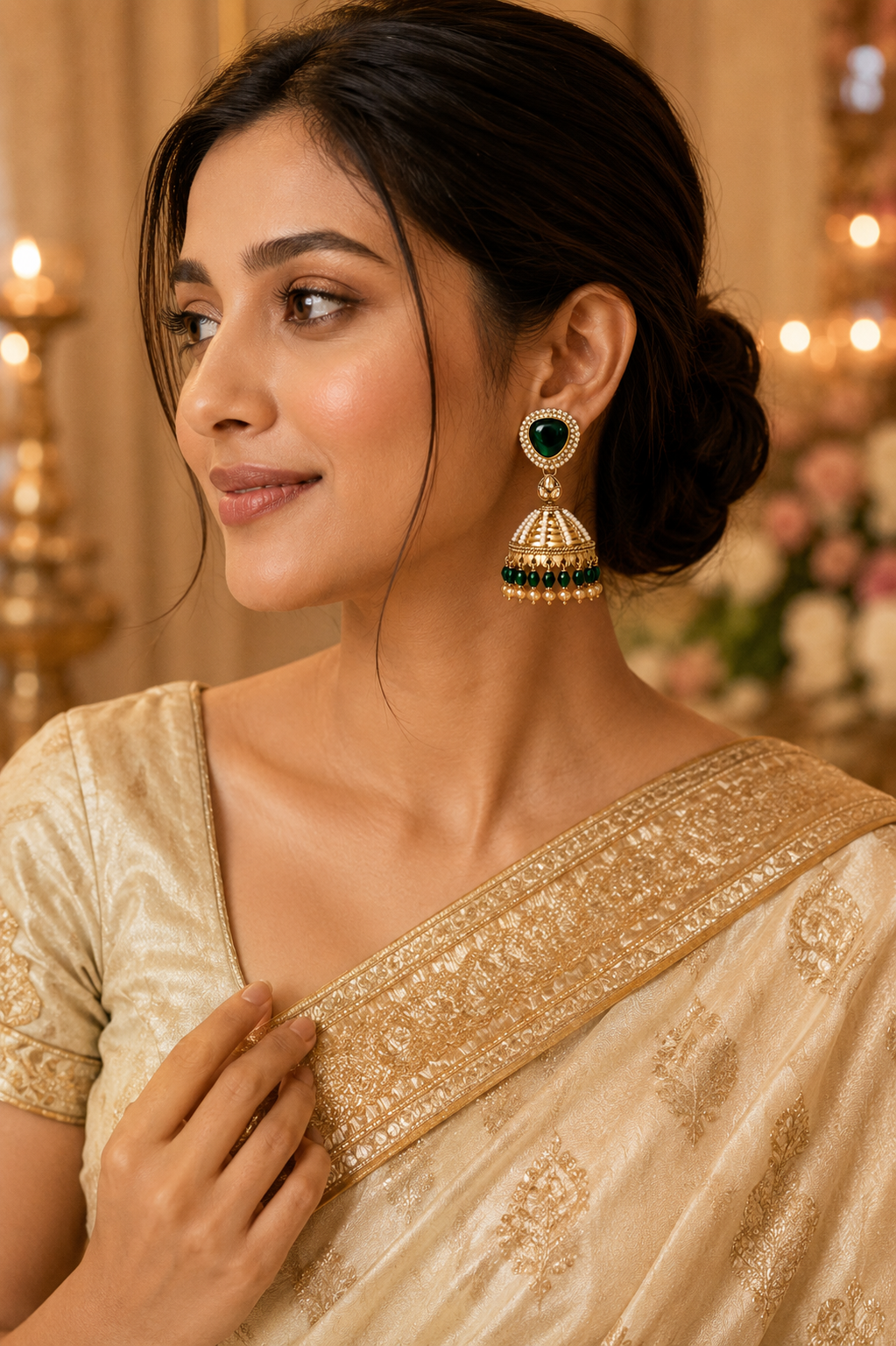Kundan Pearl Drop Matt Finish Festive Ethnic Jhumki (Round To Stud)