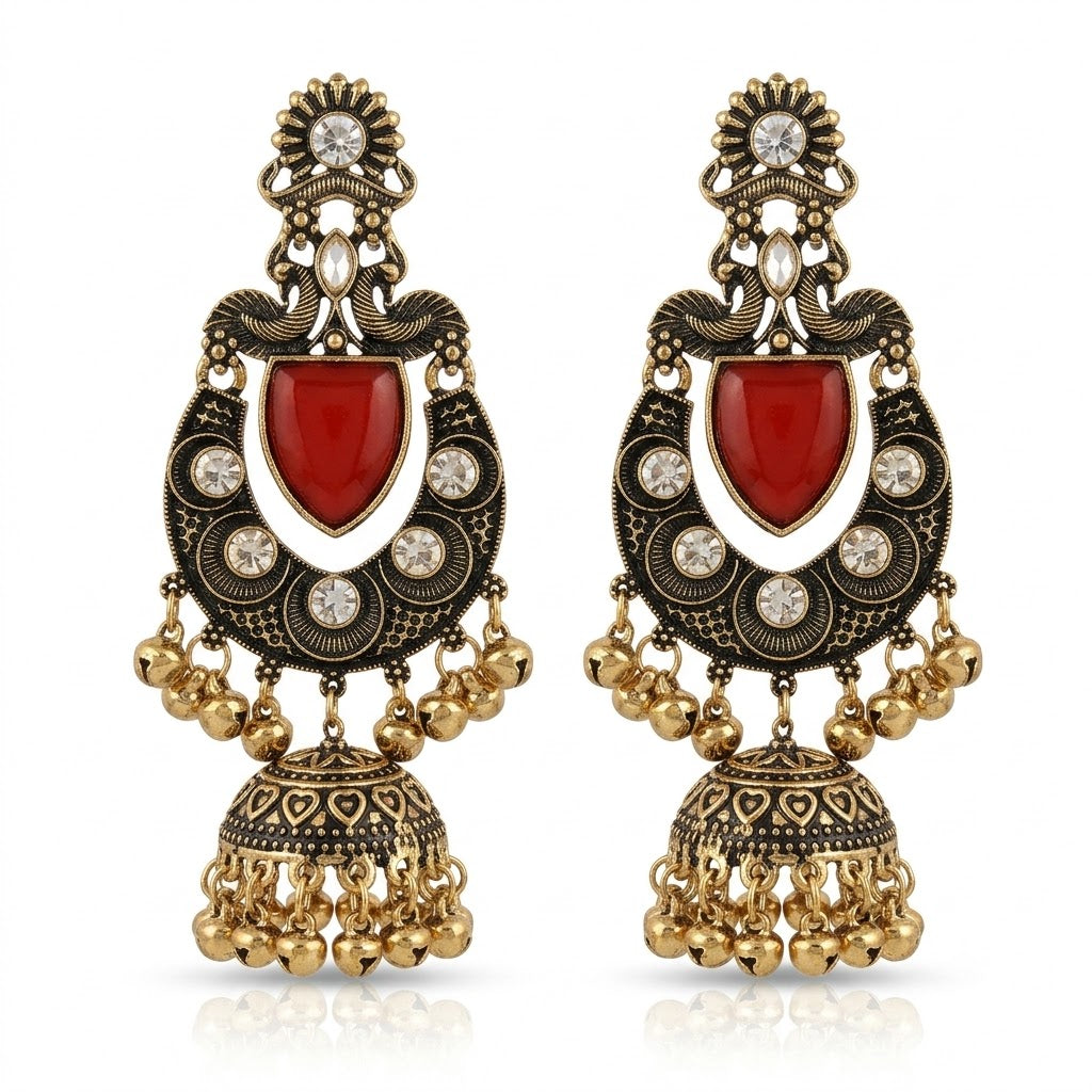 Antique Gold Oxidised Statement Jhumka Earrings