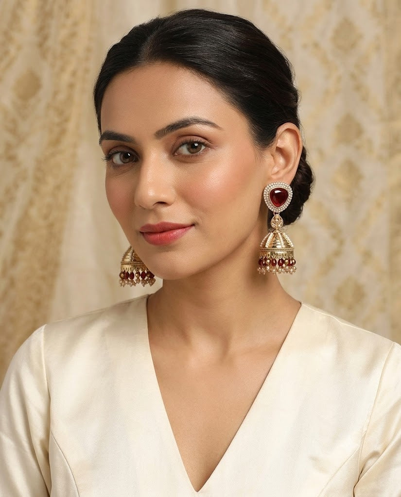 Kundan Pearl Drop Matt Finish Festive Ethnic Jhumki (Round To Stud)