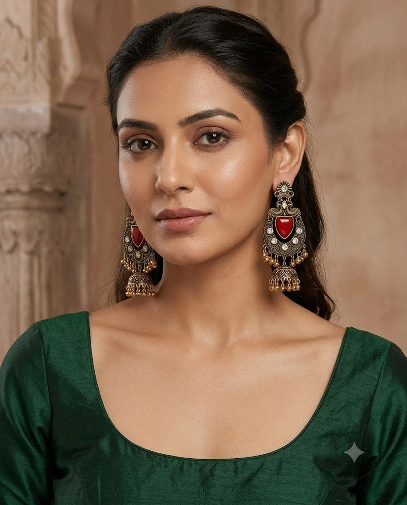 Antique Gold Oxidised Statement Jhumka Earrings