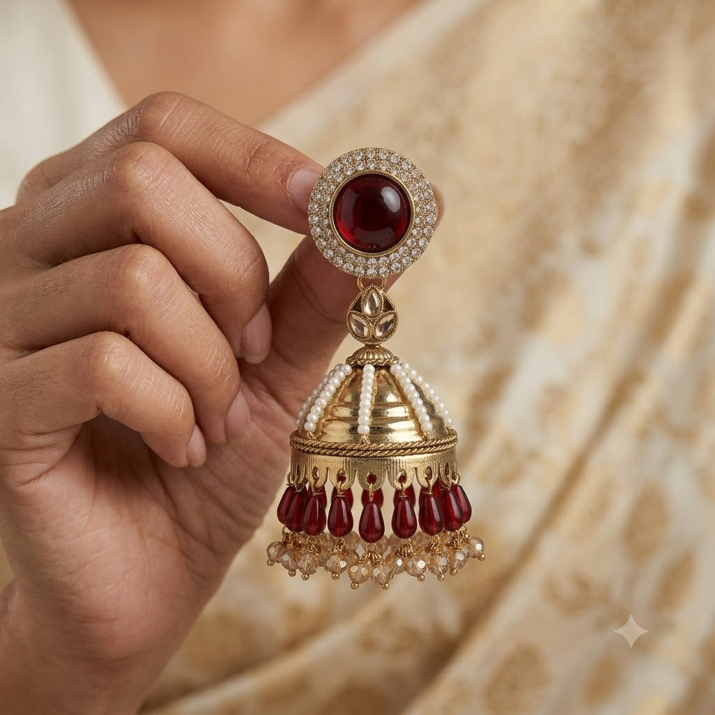 Kundan Pearl Drop Matt Finish Festive Ethnic Jhumki (Round To Stud)