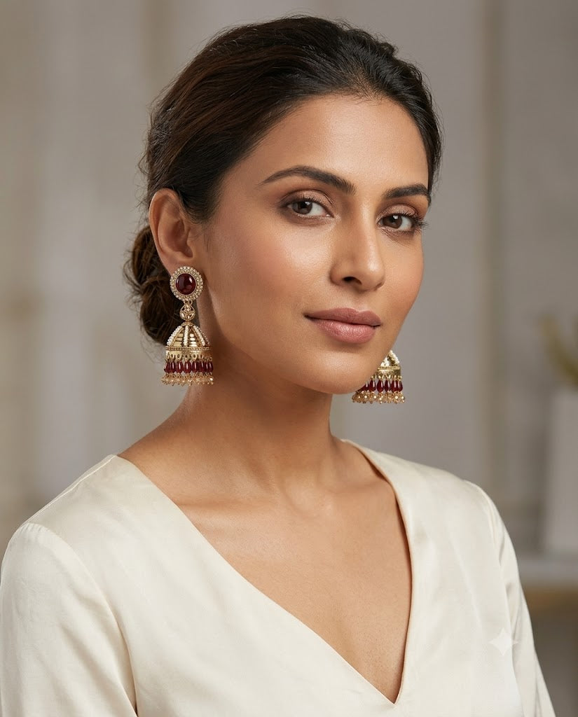 Kundan Pearl Drop Matt Finish Festive Ethnic Jhumki (Round To Stud)