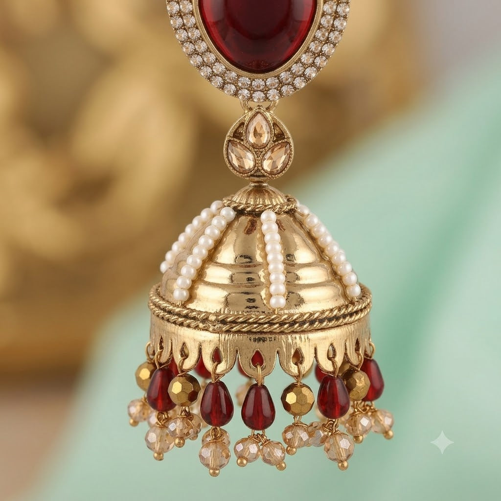 Kundan Pearl Drop Matt Finish Festive Ethnic Jhumki (Round To Stud)