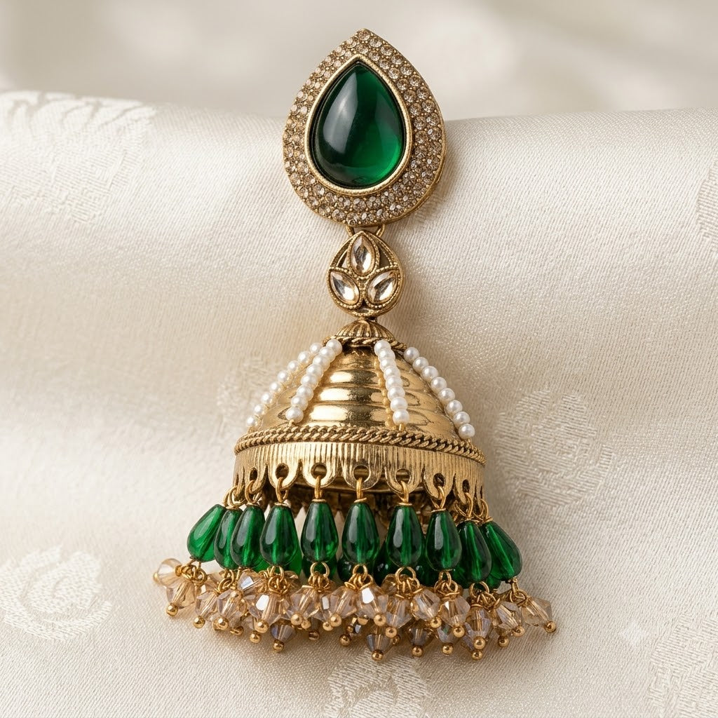 Kundan Pearl Drop Matt Finish Festive Ethnic Jhumki (Round To Stud)