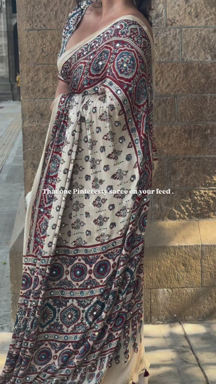 Ivory Modal Silk Ajrakh Printed Saree | Ethnic Designer Saree with Tassel Pallu
